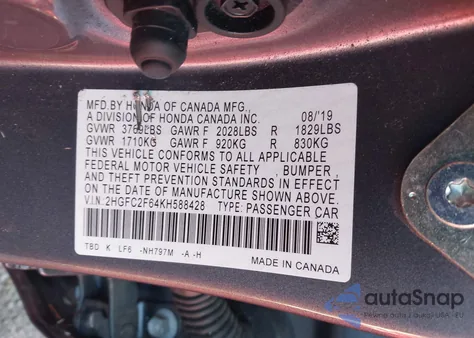 2019 Honda Civic Lx from USA, damaged, VIN 2HGFC2F64KH588428